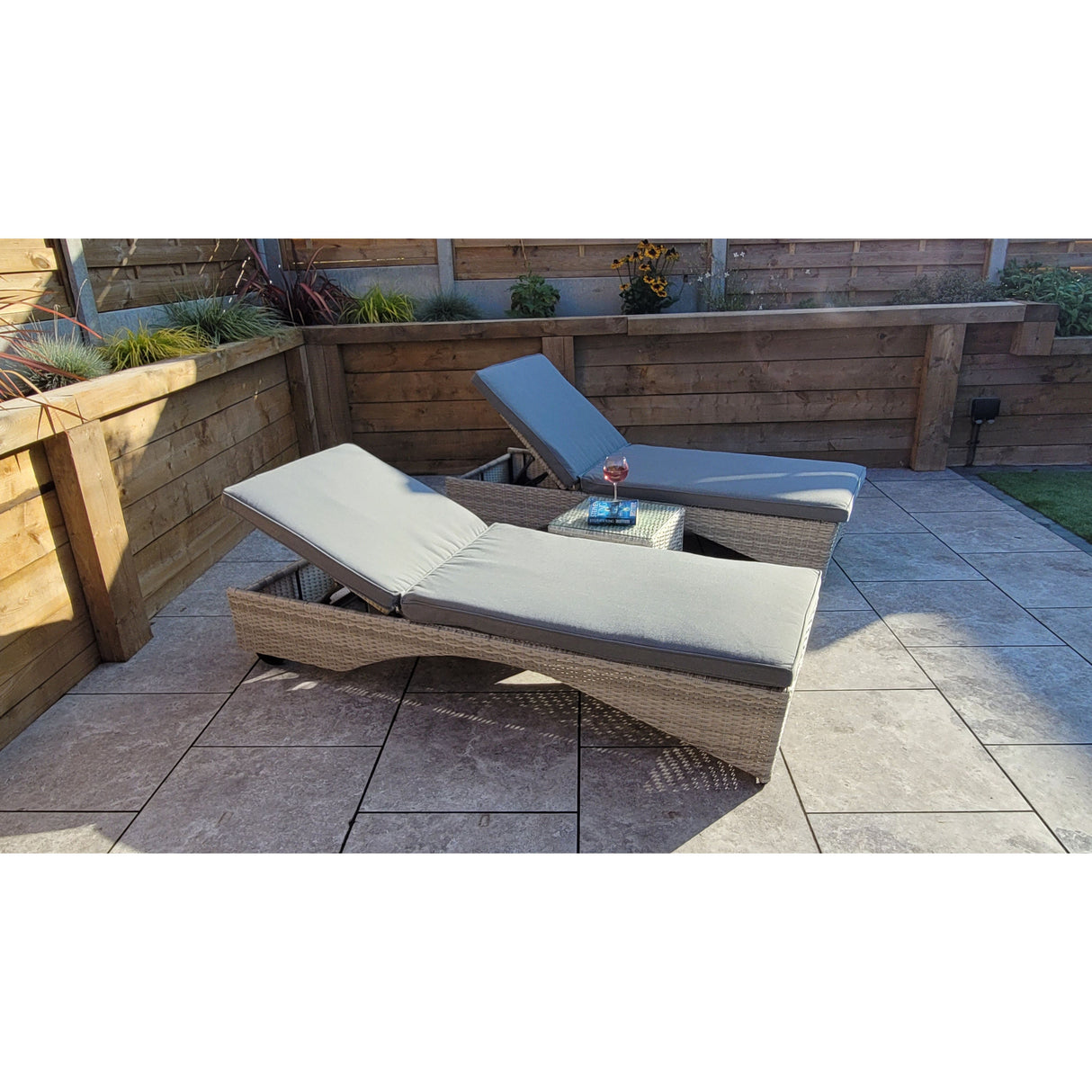 Meghan Pair of Sun Loungers With Drinks Table