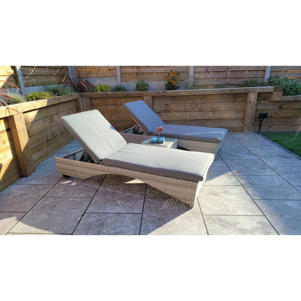 Meghan Pair of Sun Loungers With Drinks Table